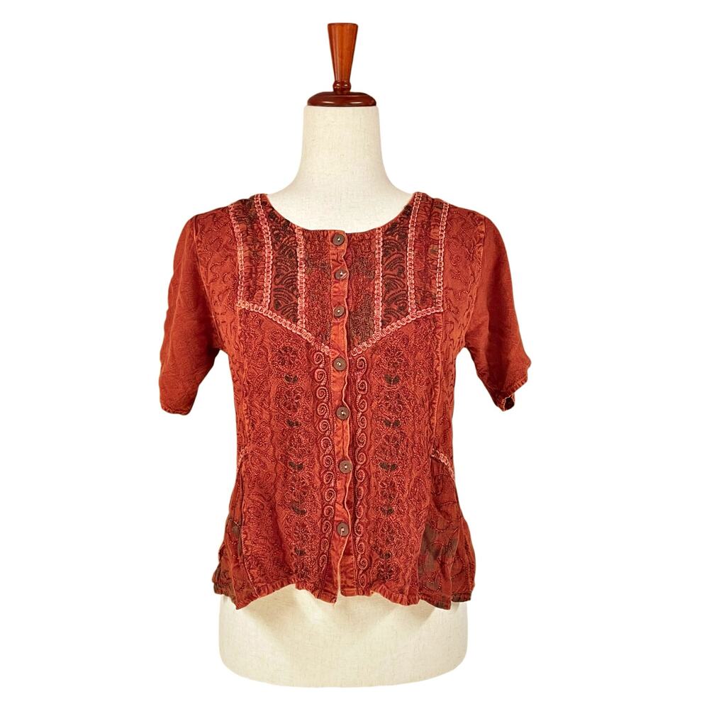 Lightweight Rayon Button-Up Embroidered Short-Sleeve Blouse Brick Red Size S/M